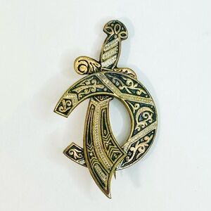 Vintage Damascene Sword and Scabbard Brooch Pin, Black and Gold, Made in Spain